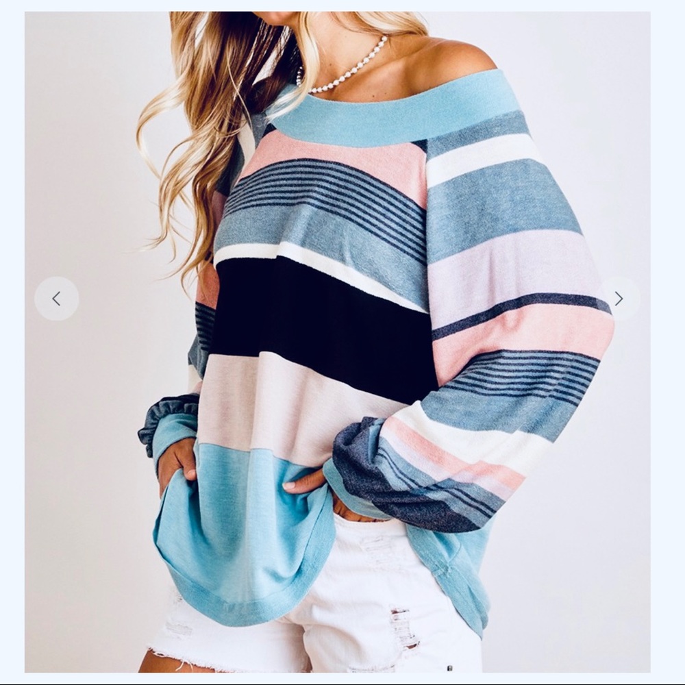 Striped color block off the shoulder top - Picture 4 of 6